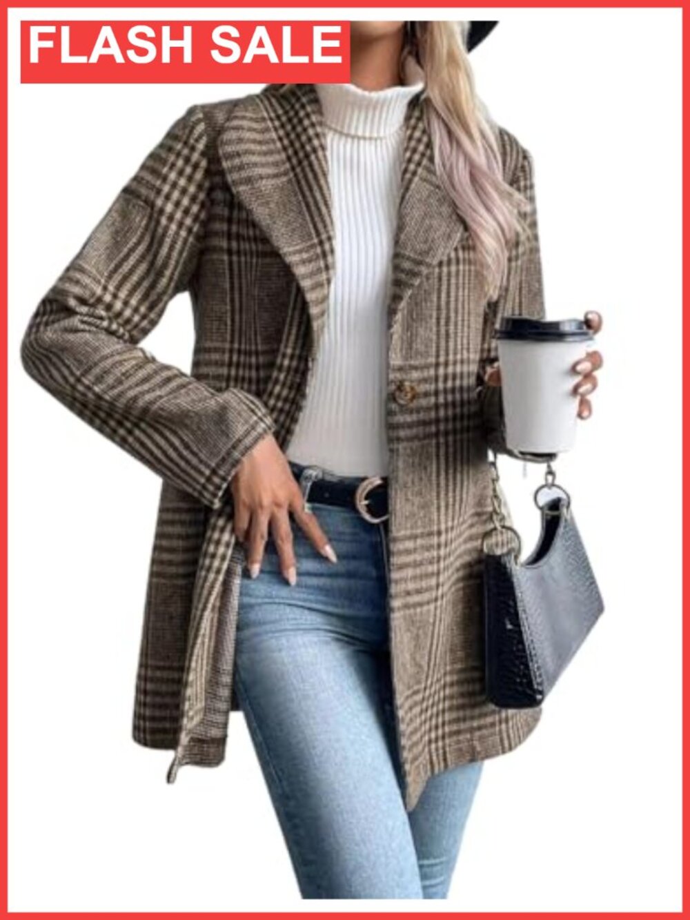 Wool Plaid Blazer for Women Long Sleeve Notch Lapel Button Down Work Office Coat